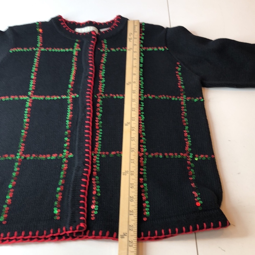 Vintage LEMON GRASS Festive Black Red Sequin Embellished Cardigan Sweater PM - Picture 10 of 13